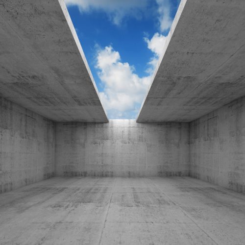 Abstract architecture, empty concrete room interior with opening in ceiling, 3d illustration, blue sky background