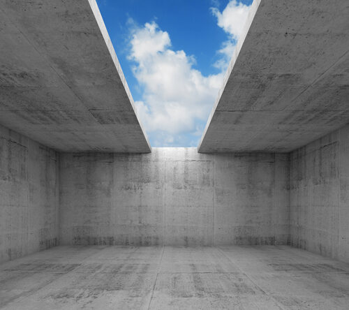 Abstract architecture, empty concrete room interior with opening in ceiling, 3d illustration, blue sky background