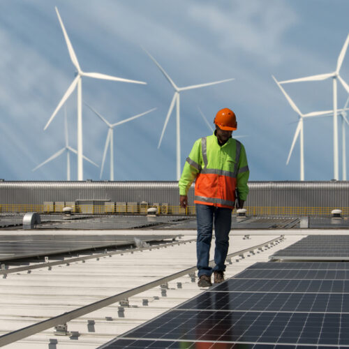 Inspector Engineer Man Holding Digital Tablet Working in Solar Panels Power Farm, Photovoltaic Cell Park, Green Energy Concept.