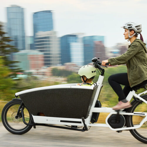 mother on an electric bike with her son in bike basket