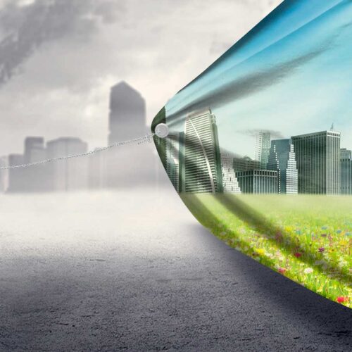 person pulling green living into a city