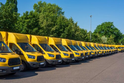 EV delivery trucks lined up